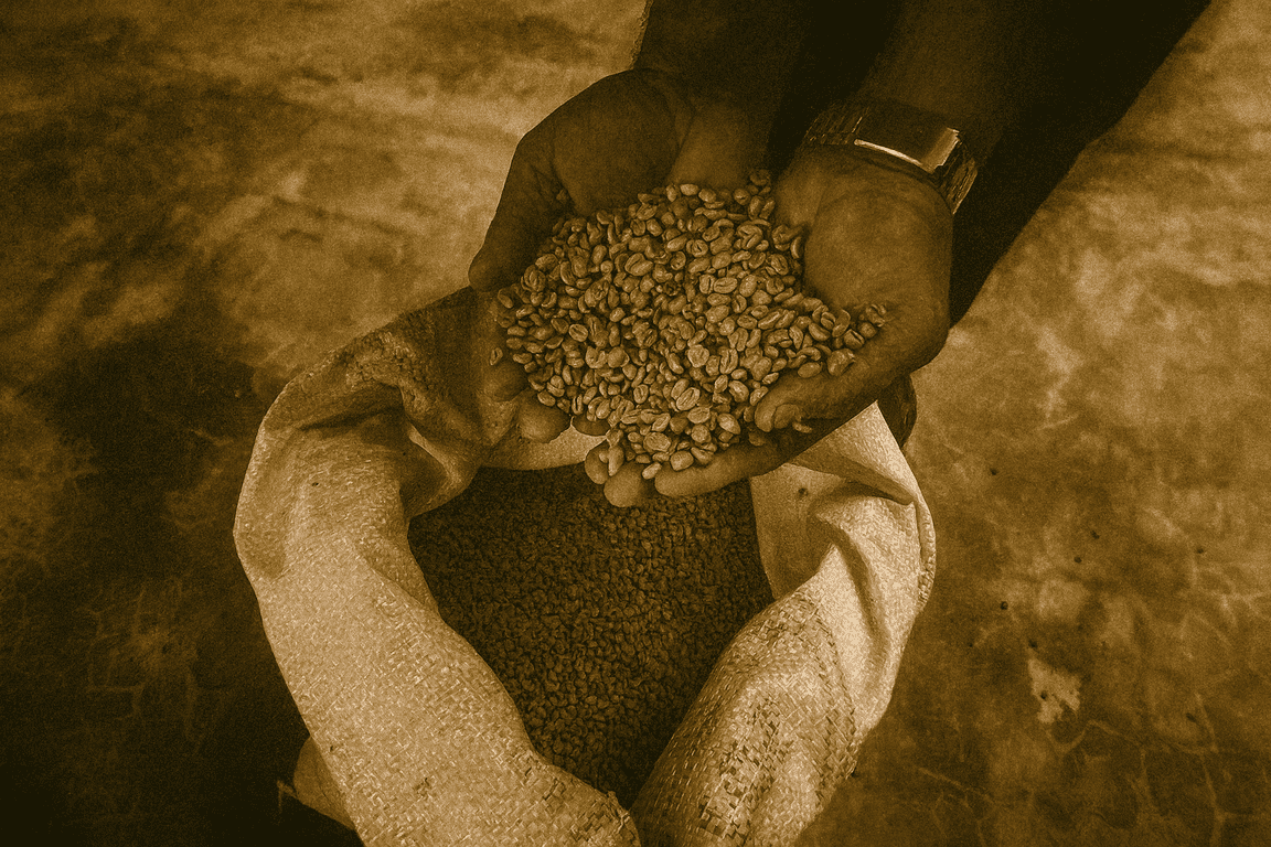 Zwei Hände halten grüne Kaffeebohnen über einem offenen Jutesack auf der Farm Granados (Café Granados) – Costa Rica Kaffee, Ernte/Verarbeitung.