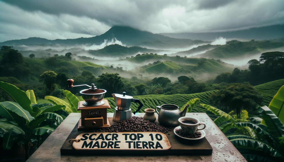 Ein authentisches Foto eines traditionellen costa-ricanischen Kaffeebrühsets mit einer atemberaubenden Kulisse von Kaffeeplantagen und Bergen.