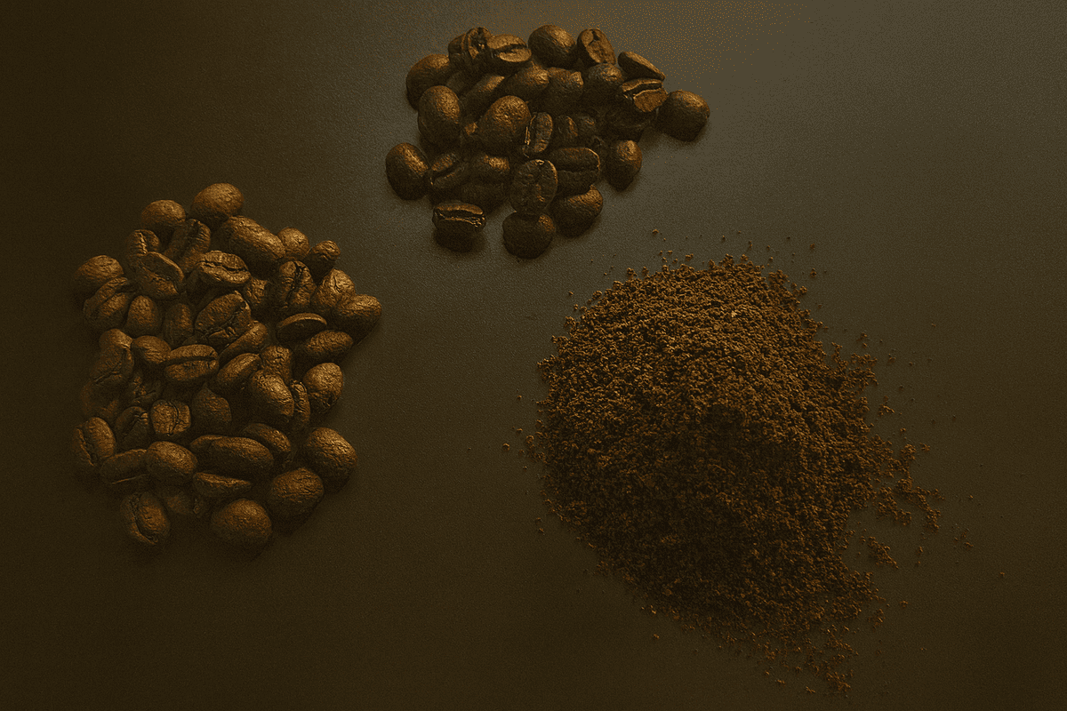 Zwei Haufen ganzer Kaffeebohnen und ein Haufen frisch gemahlenes Costa Rica Kaffee Pulver auf dunkler Oberfläche – Café Granados.