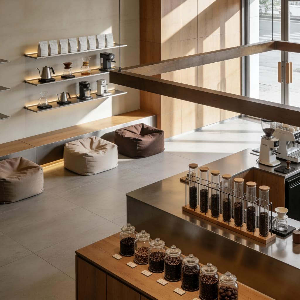 Moderne Brew-Bar mit Glasbehältern voller Kaffeebohnen, Kaffeemühlen und Pour-Over-Equipment in einem hellen Café – ideal für Verkostungen von Costa Rica Kaffee von Café Granados.