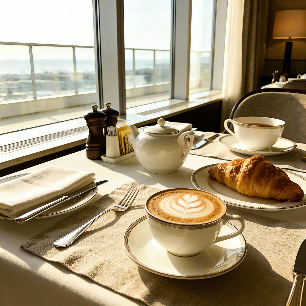 Cappuccino mit Latte Art aus Costa Rica Kaffee auf einem hellen Frühstückstisch mit Croissant, Teekanne und Meerblick am Fenster – serviert bei Café Granados.