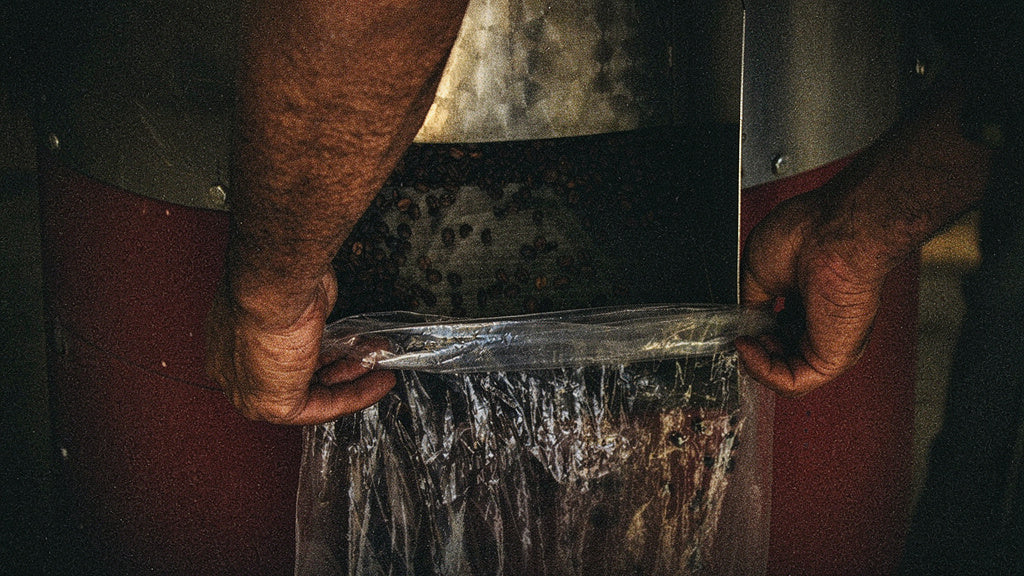 Hände befestigen einen Kunststoffsack an einer Kaffee‑Verarbeitungsmaschine (Entpulper), um Kaffeekirschen bzw. Schalen aufzufangen – aufgenommen bei Café Granados auf der Farm Granados, Costa Rica Kaffee.
