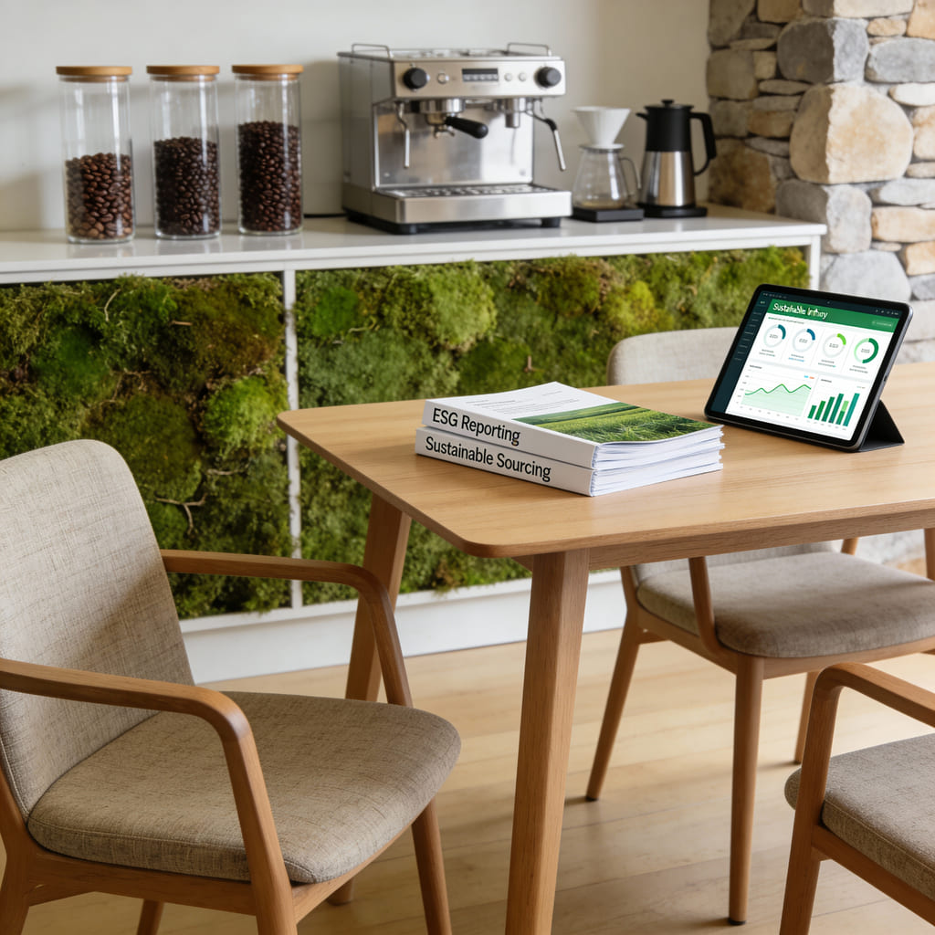 Modernes Café-Interior mit Espressomaschine, drei Glasbehältern voller Kaffeebohnen, Pour-over-Kanne sowie Tablet mit Nachhaltigkeits-Dashboard und Büchern zu ESG Reporting/Sustainable Sourcing; Fokus auf Costa Rica Kaffee.