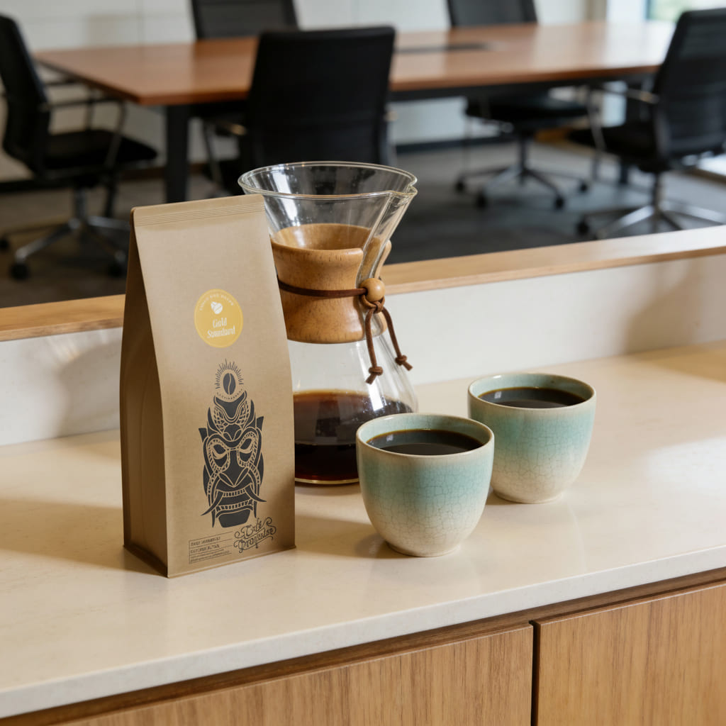 Chemex-Karaffe mit frisch aufgebrühtem Costa Rica Kaffee und zwei Keramikbechern neben einer Café Granados Kaffeepackung auf einer Theke in einem Meetingraum.