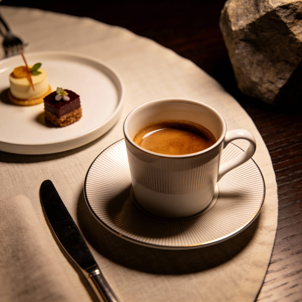 Espresso aus Costa Rica Kaffee von Café Granados in einer feinen Porzellantasse mit Untertasse; daneben Messer und Serviette, im Hintergrund kleine Desserts auf einem Teller in Restaurant-Ambiente.