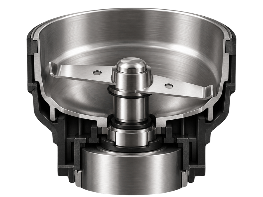 Querschnitt einer Schlagmesser-Kaffeemühle (Blade Grinder) mit Edelstahl-Schüssel und Doppel-Schlagmesser; detaillierte, freigestellte Innenansicht – geeignet zum Mahlen von Costa Rica Kaffee.